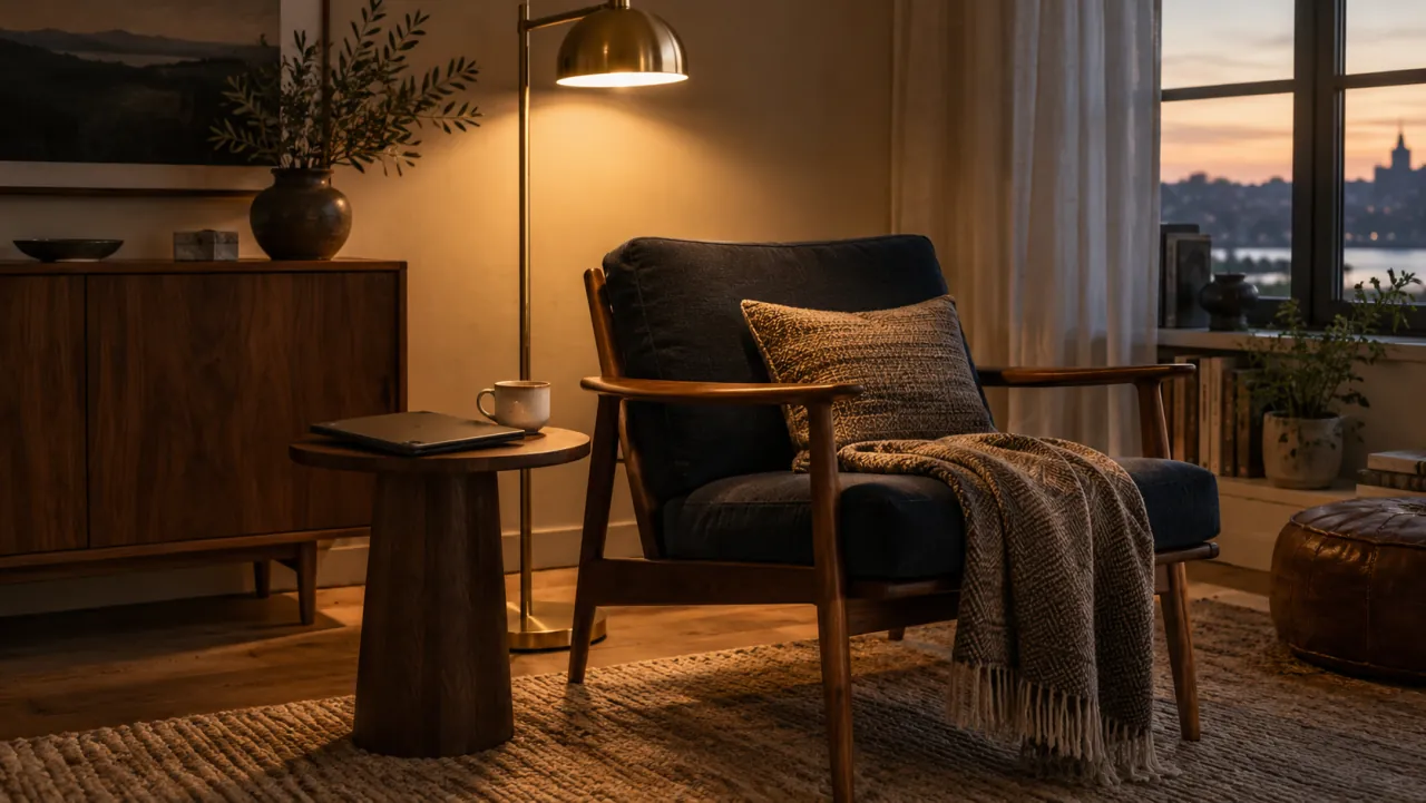 A reading corner at dusk with a wooden armchair, a folded throw and a brass floor lamp